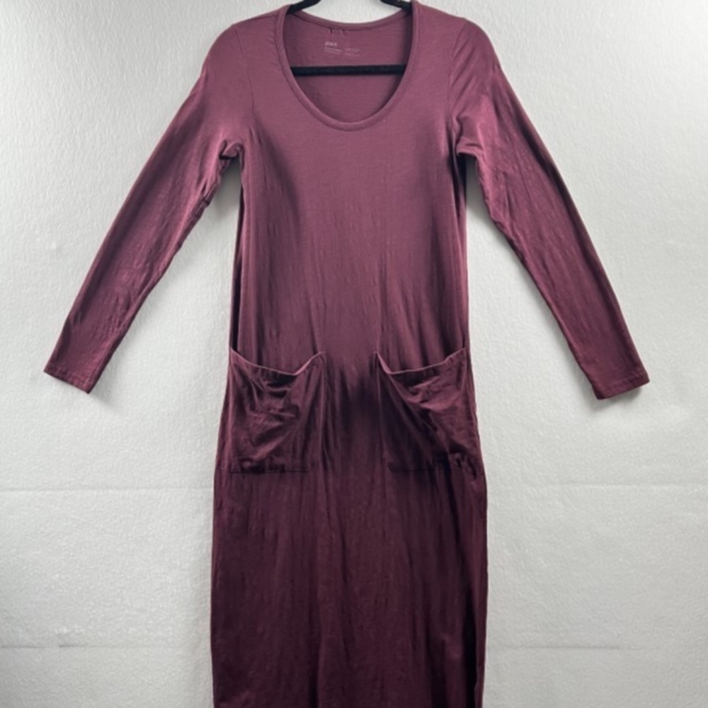 PACT Women's Small Maxi Dress Organic Cotton Burgundy Long Sleeve Pockets